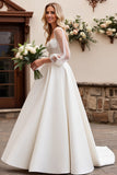 Ivory Satin 3/4 Sleeves Ball Gown Sweep Train Wedding Dress with Lace