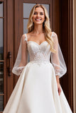 Ivory Satin 3/4 Sleeves Ball Gown Sweep Train Wedding Dress with Lace