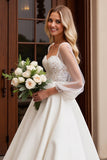 Ivory Satin 3/4 Sleeves Ball Gown Sweep Train Wedding Dress with Lace