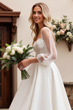 Ivory Satin 3/4 Sleeves Ball Gown Sweep Train Wedding Dress with Lace