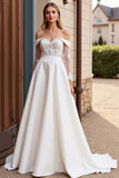Ivory Off the Shoulder Ball Gown Satin Sweep Train Wedding Dress with Lace