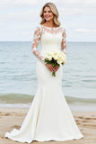 Ivory Satin Illusion Boat Neck Mermaid Sweep Train Boho Wedding Dress with Lace