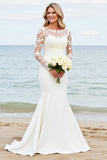 Ivory Satin Illusion Boat Neck Mermaid Sweep Train Boho Wedding Dress with Lace