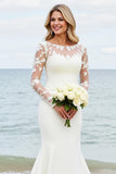 Ivory Satin Illusion Boat Neck Mermaid Sweep Train Boho Wedding Dress with Lace