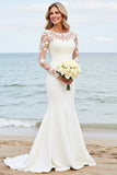 Ivory Satin Illusion Boat Neck Mermaid Sweep Train Boho Wedding Dress with Lace