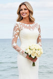 Ivory Satin Illusion Boat Neck Mermaid Sweep Train Boho Wedding Dress with Lace