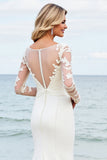 Ivory Satin Illusion Boat Neck Mermaid Sweep Train Boho Wedding Dress with Lace