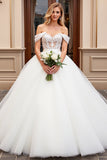 Ivory Tulle Off the Shoulder A Line Sweep Train Wedding Dress with Lace