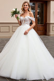 Ivory Tulle Off the Shoulder A Line Sweep Train Wedding Dress with Lace