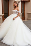 Ivory Tulle Off the Shoulder A Line Sweep Train Wedding Dress with Lace