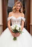 Ivory Tulle Off the Shoulder A Line Sweep Train Wedding Dress with Lace