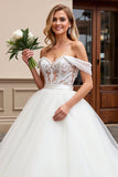 Ivory Tulle Off the Shoulder A Line Sweep Train Wedding Dress with Lace