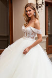 Ivory Tulle Off the Shoulder A Line Sweep Train Wedding Dress with Lace
