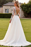 Ivory Corset V Neck Long Sleeves A Line Sweep Train Wedding Dress with Lace