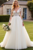 Ivory Corset V Neck Long Sleeves A Line Sweep Train Wedding Dress with Lace