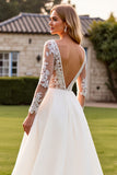 Ivory Corset V Neck Long Sleeves A Line Sweep Train Wedding Dress with Lace