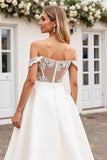 Ivory Satin Off the Shoulder Sweep Train A Line Wedding Dress with Lace
