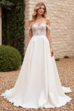 Ivory Satin Off the Shoulder Sweep Train A Line Wedding Dress with Lace