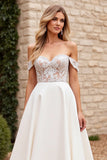 Ivory Satin Off the Shoulder Sweep Train A Line Wedding Dress with Lace
