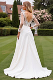 Ivory Satin Illusion Neck A Line Long Sleeves Sweep Train Wedding Dress with Lace