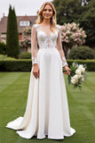 Ivory Satin Illusion Neck A Line Long Sleeves Sweep Train Wedding Dress with Lace