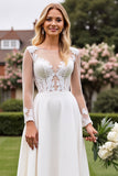 Ivory Satin Illusion Neck A Line Long Sleeves Sweep Train Wedding Dress with Lace