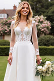 Ivory Satin Illusion Neck A Line Long Sleeves Sweep Train Wedding Dress with Lace