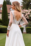 Ivory Satin Illusion Neck A Line Long Sleeves Sweep Train Wedding Dress with Lace