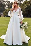 Ivory V Neck Satin A Line Long Sleeves Sweep Train Wedding Dress with Lace