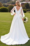 Ivory V Neck Satin A Line Long Sleeves Sweep Train Wedding Dress with Lace