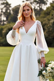 Ivory V Neck Satin A Line Long Sleeves Sweep Train Wedding Dress with Lace