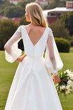 Ivory V Neck Satin A Line Long Sleeves Sweep Train Wedding Dress with Lace