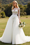Ivory A Line Illusion Boat Neck Long Sleeves Sweep Train Wedding Dress with Lace