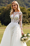 Ivory A Line Illusion Boat Neck Long Sleeves Sweep Train Wedding Dress with Lace