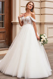 Ivory Tulle Ball Gown Off The Shoulder Floor-Length Wedding Dress with Lace