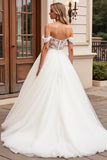 Ivory Tulle Ball Gown Off The Shoulder Floor-Length Wedding Dress with Lace