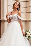 Ivory Tulle Ball Gown Off The Shoulder Floor-Length Wedding Dress with Lace