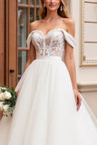 Ivory Tulle Ball Gown Off The Shoulder Floor-Length Wedding Dress with Lace