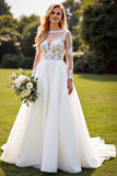 Ivory Chiffon A Line Boat Neck Sweep Train Wedding Dress with Lace