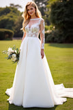 Ivory Chiffon A Line Boat Neck Sweep Train Wedding Dress with Lace