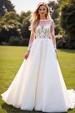 Ivory Chiffon A Line Boat Neck Sweep Train Wedding Dress with Lace