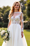 Ivory Chiffon A Line Boat Neck Sweep Train Wedding Dress with Lace