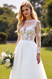 Ivory Chiffon A Line Boat Neck Sweep Train Wedding Dress with Lace