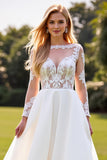 Ivory Chiffon A Line Boat Neck Sweep Train Wedding Dress with Lace