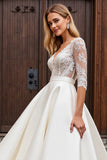 Ivory Satin Ball Gown Half Sleeves Lace Sweep Train Wedding Dress