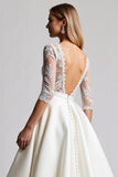 Ivory Satin Ball Gown Half Sleeves Lace Sweep Train Wedding Dress