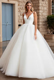 Ivory Tulle A Line V Neck Sweep Train Wedding Dress