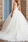 Ivory Tulle A Line V Neck Sweep Train Wedding Dress