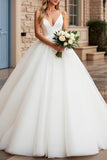 Ivory Tulle A Line V Neck Sweep Train Wedding Dress