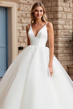 Ivory Tulle A Line V Neck Sweep Train Wedding Dress